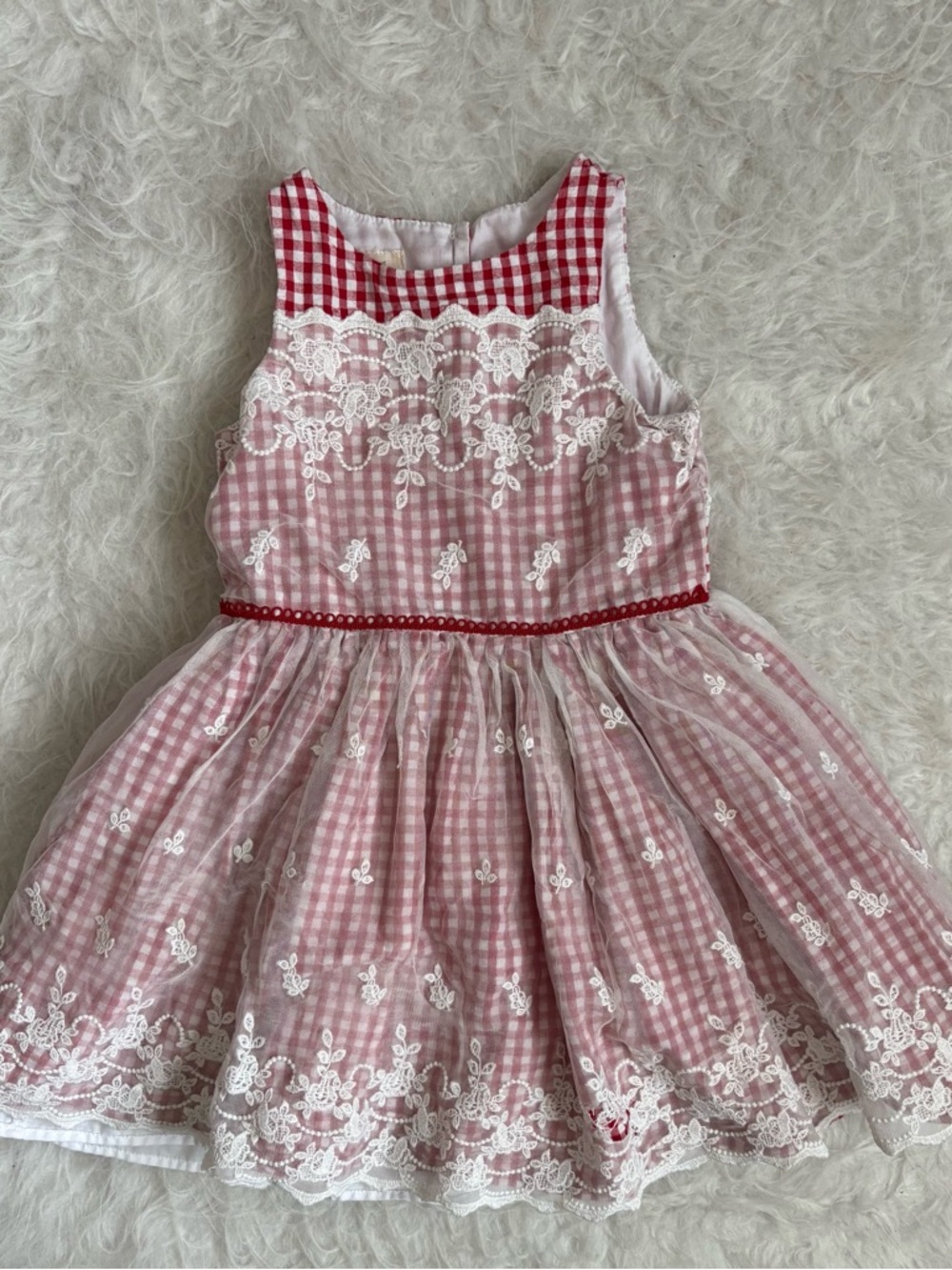 Laura Ashley Girls Classic Red Gingham Lace Picnic Dress